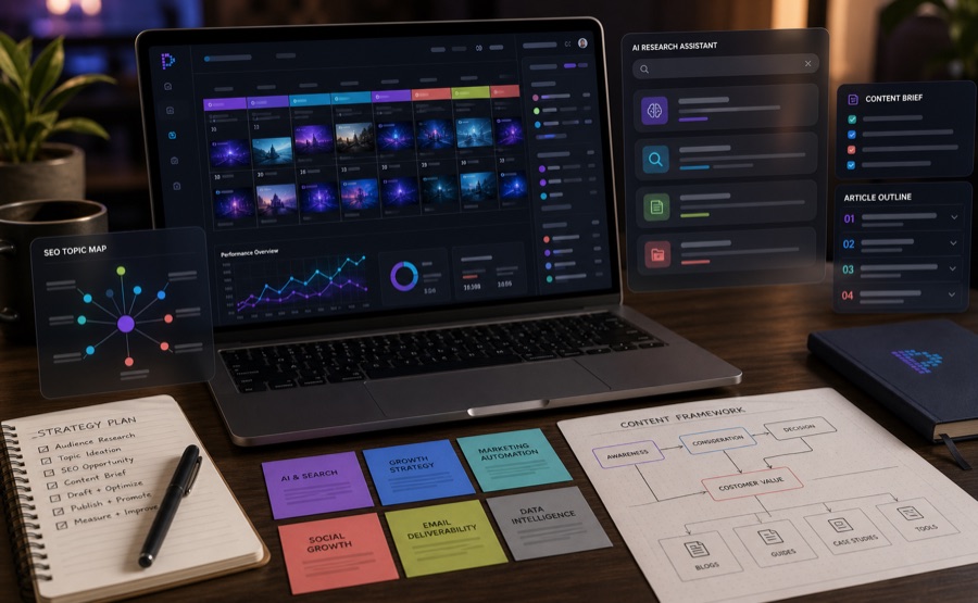 AI-powered content system workspace with editorial planning and SEO dashboards
