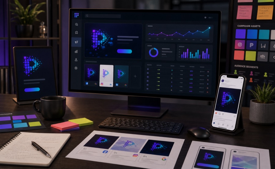 Paid advertising creative workspace with campaign variants and performance visuals