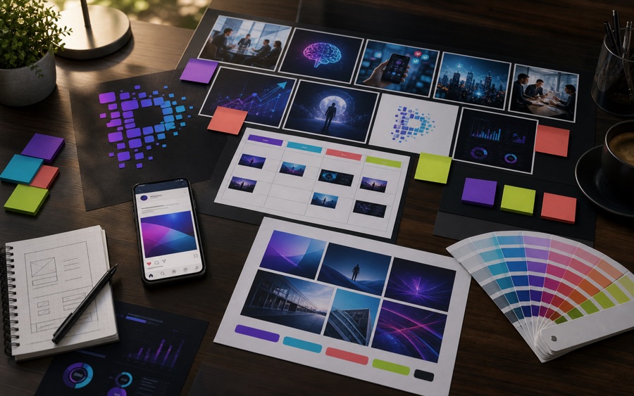 Social media campaign creative board with content cards and mobile preview